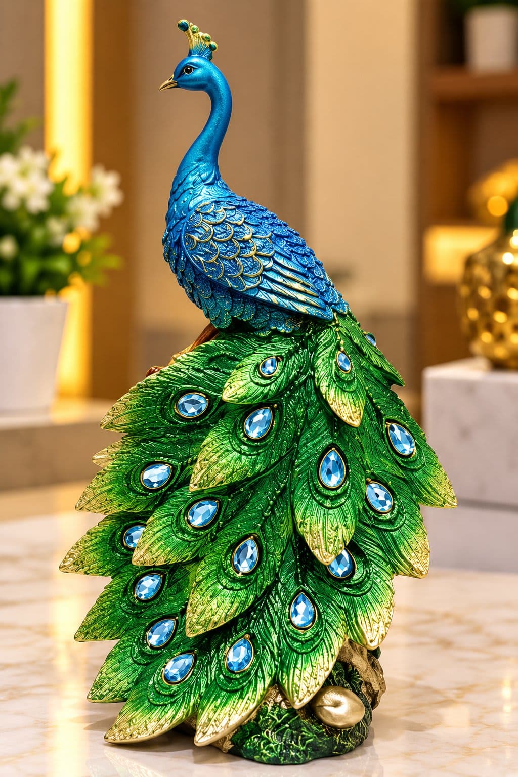 🦚 Elegant Jeweled Peacock Decorative Showpiece